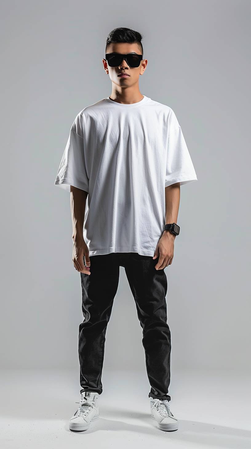 A man is standing in a white room, the background is white. The man is wearing a white oversized fit t-shirt, the t-shirt is loose-fit. The man is 183cm tall and weighs 73kg. He is wearing black sunglasses. The background is white and it has a 50mm lens with depth of field background. The product imagery is immaculate, exciting, and hyper-realistic. This photo is taken with a Canon 1dx camera.