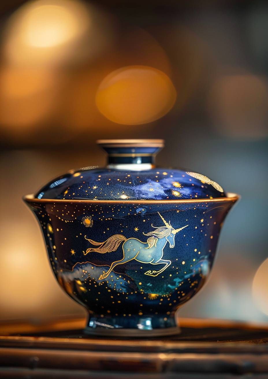 A gaiwan lidded bowl, dark ceramic, decorated with a spectral zodiac unicorn running through stars. Monoceros constellation, tenebrism, glowing points of light, bokeh background