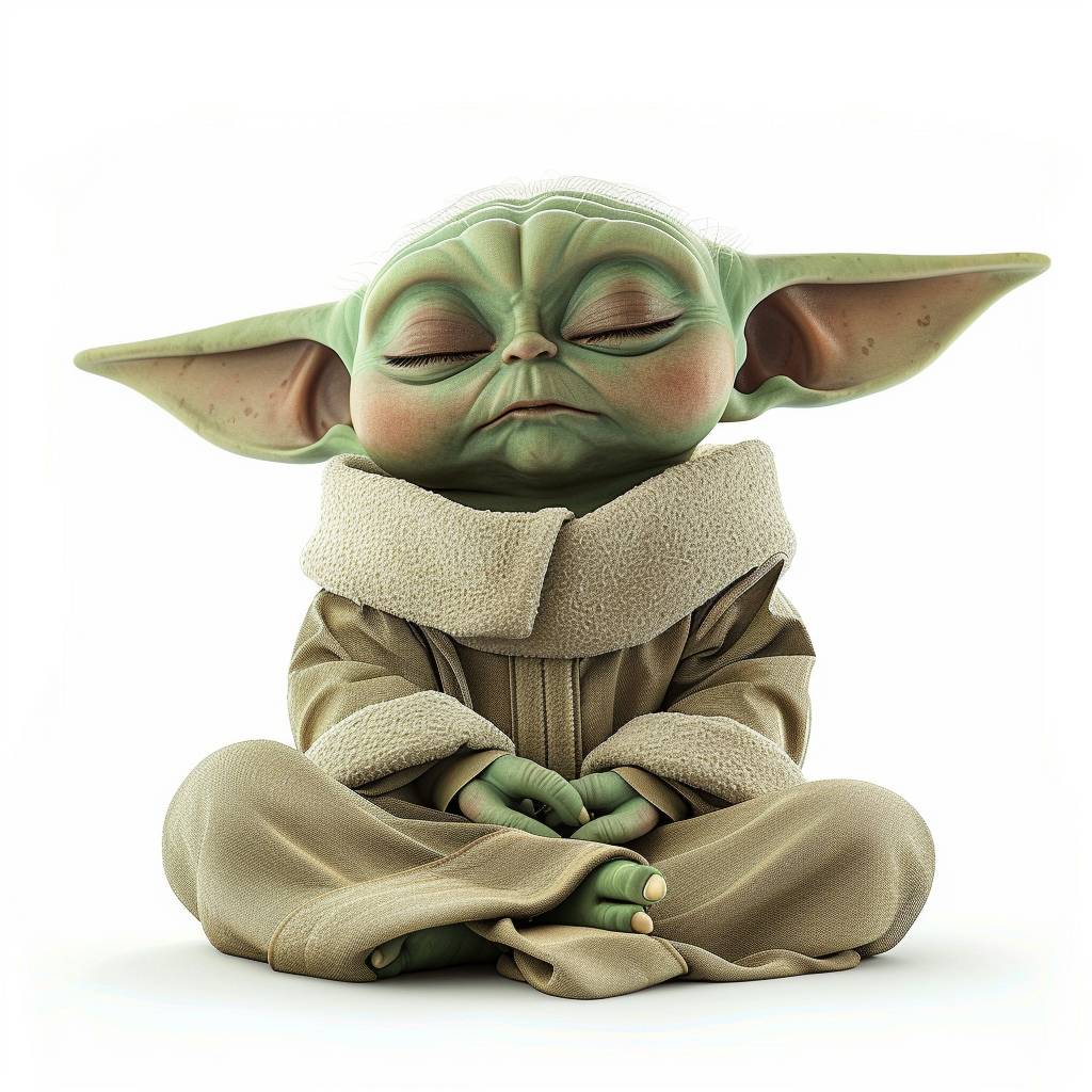 Cute Baby Yoda meditating, white background, character design in the style of octane render, hyper-realistic, cute character, chibi character, isolated on white