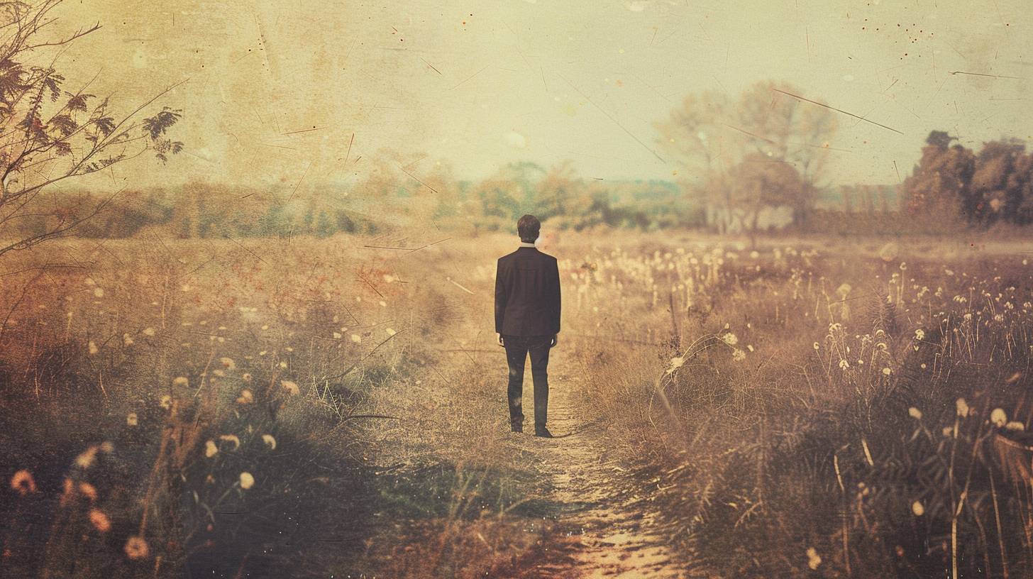 A timeless vintage man in a soft pastel aesthetic, set against a natural, rustic background. The scene features warm, analog color grading with a classic, nostalgic feel. The man exudes a sense of calm and authenticity, surrounded by a serene, unblemished landscape. The composition is enhanced by a painterly quality, reminiscent of traditional portraiture, with smooth details and a harmonious, peaceful atmosphere.