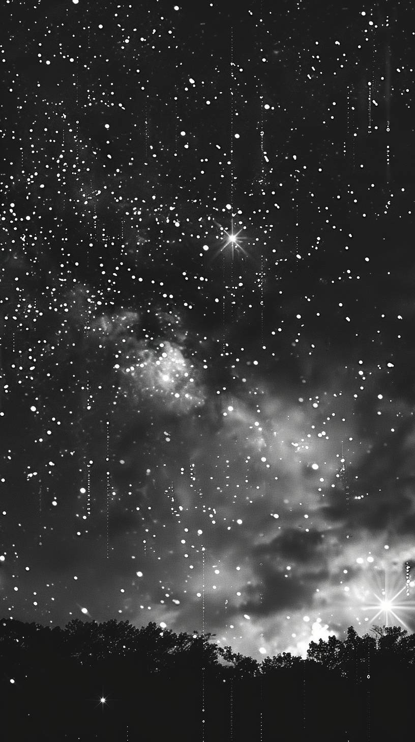 夜空には、各星が財務データで構成され、星座の模様が様々な株価指標であり、遠景、詩的、黒と灰色のトーン、レトロスタイル、白黒で塗りつぶされた色、黒と灰色の背景、非現実的、わずかにぼやけ、シャープ化--ar 9:16 --stylize 250 --v 6.0