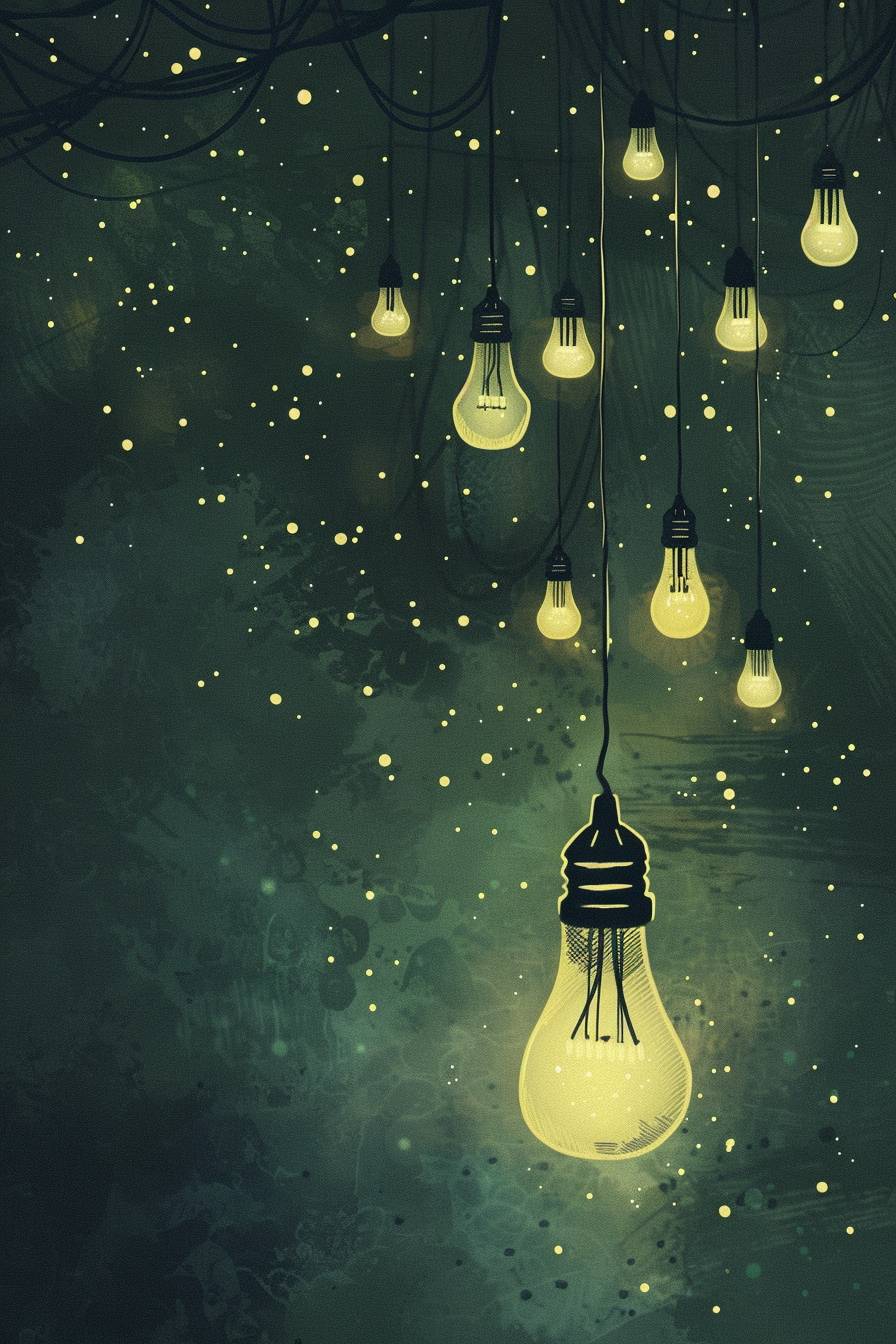 Illustration, dark starlight background, 6 light bulbs in front