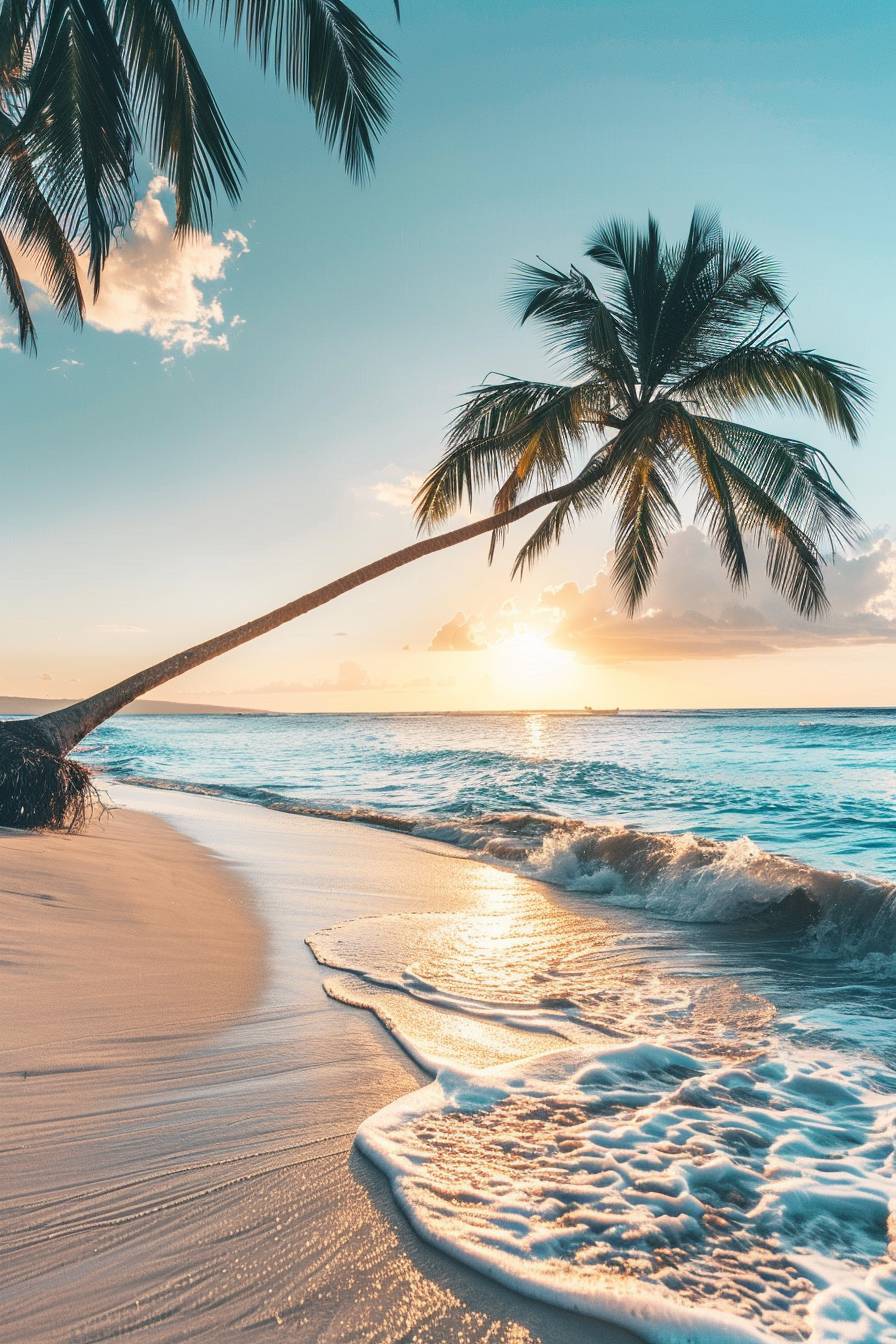 A serene beach at sunset, with palm trees swaying gently in the warm breeze and the golden sun sinking below the horizon, casting a romantic glow over the turquoise waters.