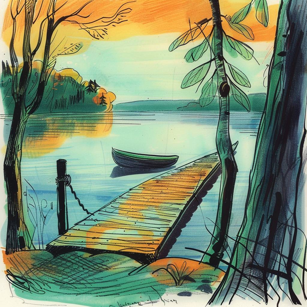 穏やかな湖畔のリトリート、穏やかな水面に木製の桟橋が伸び、小さなボートがそっと揺れ、カワウの鳴き声が静けさに響き渡る。