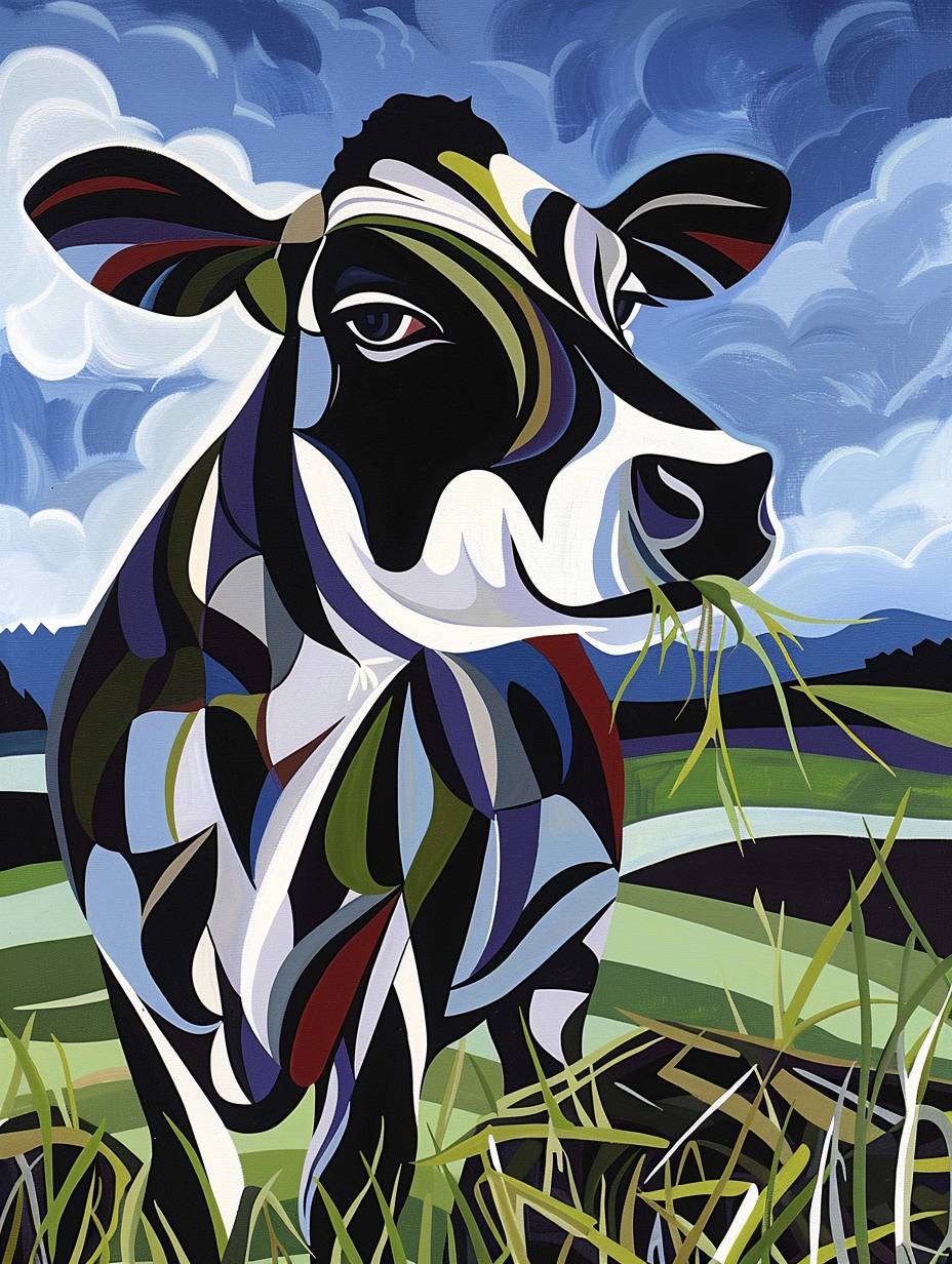 牧草の茂みに立つ快活な牛が、干草の束をかじっています。明るい青空とふわふわの白い雲の中に描かれています。牛は陽気な表情で、幅広い笑顔と明るく表情豊かな目をしています。スタイルはアル・キャップ（Al Capp）の象徴的な漫画を彷彿とさせ、特徴が大げさで活気にあふれています。鮮やかで活気に満ちた色彩がシーンに幻想的なタッチを加えています。
