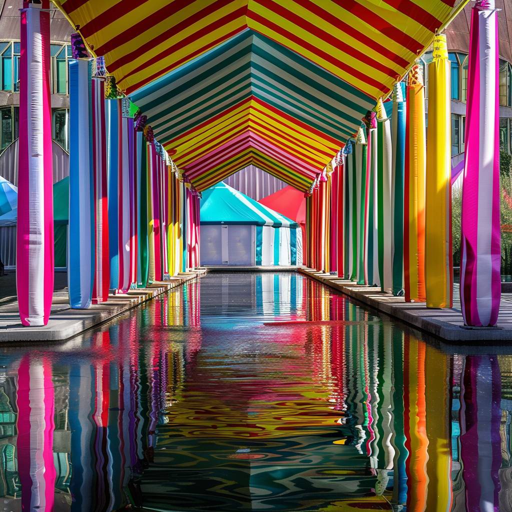 Festival camping tents near water by Daniel Buren, vivid colors by Daniel Buren