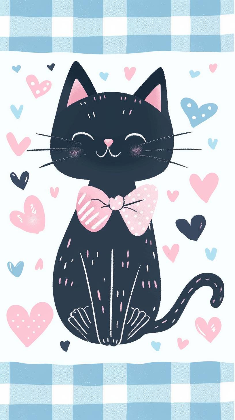かわいい黒猫、ピンクのリボン柄、ハートとギンガム柄、白い背景、John Klassen風のシンプルなベクターイラスト、淡い青のパステルカラーテーマ。