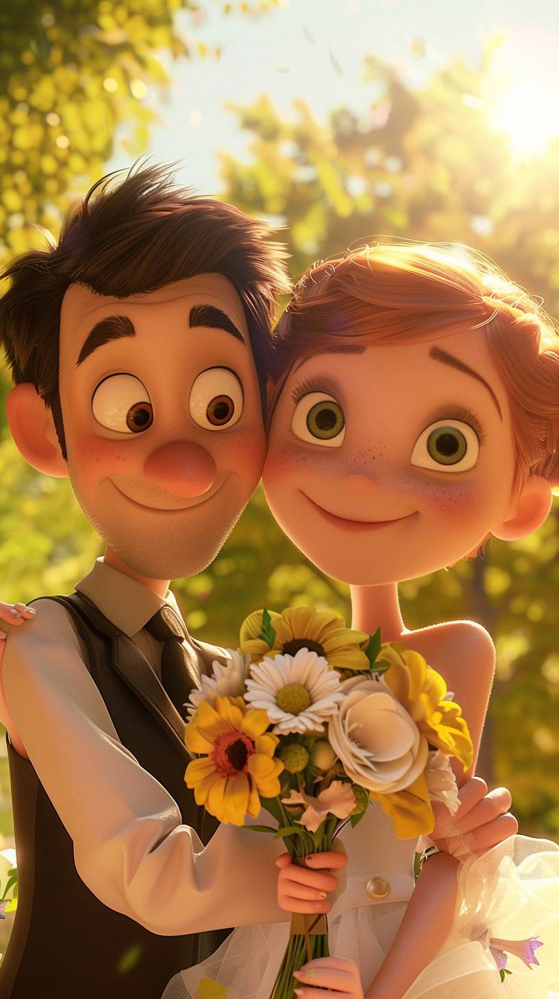 Summer, couple, hugging, bouquet, romantic atmosphere, smile, looking at the camera, animation scene, bright sunshine, park background, DreamWorks, Pixar
