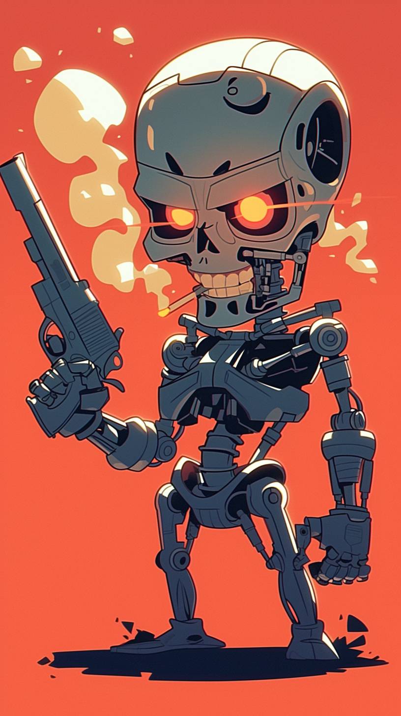 Cute and adorable cartoon design of Terminator, drawn in the style of Skottie Young, clean lines and flat colors, minimal detail, simple background