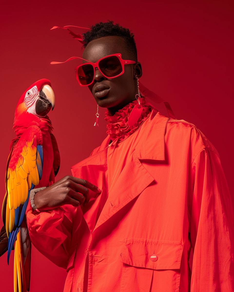 A man in neon crimson clothing and accessories holding a neon crimson parrot on a crimson background, natural light, fashion magazine cover style