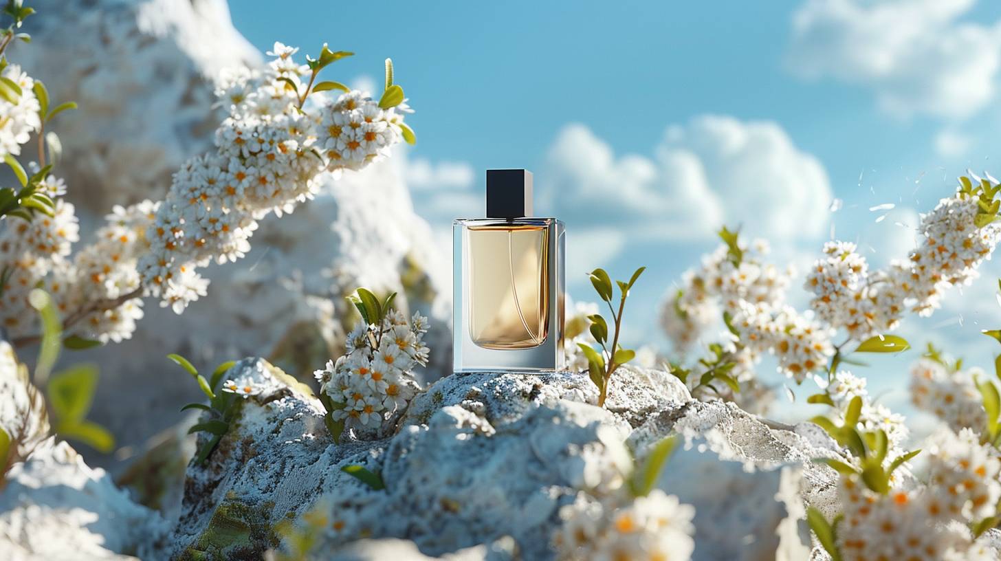 Product photography, micro close-up, Chanel perfume, translucent, sitting on a giant white rock, with flowers at the side, blue sky, combining natural and man-made elements, featuring white and beige, studio light, high details, best quality, HD, 8K
