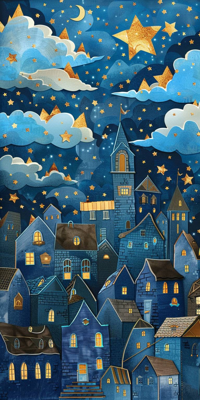 夜の風変わりな街並み、家屋や雲が青と金の色合いで描かれ、星が空に散らばる小さな金の宝石のように輝いています。この作品は切り絵やコラージュ技法を使用して製作され、夢幻的で魔法のような雰囲気を醸し出しています。