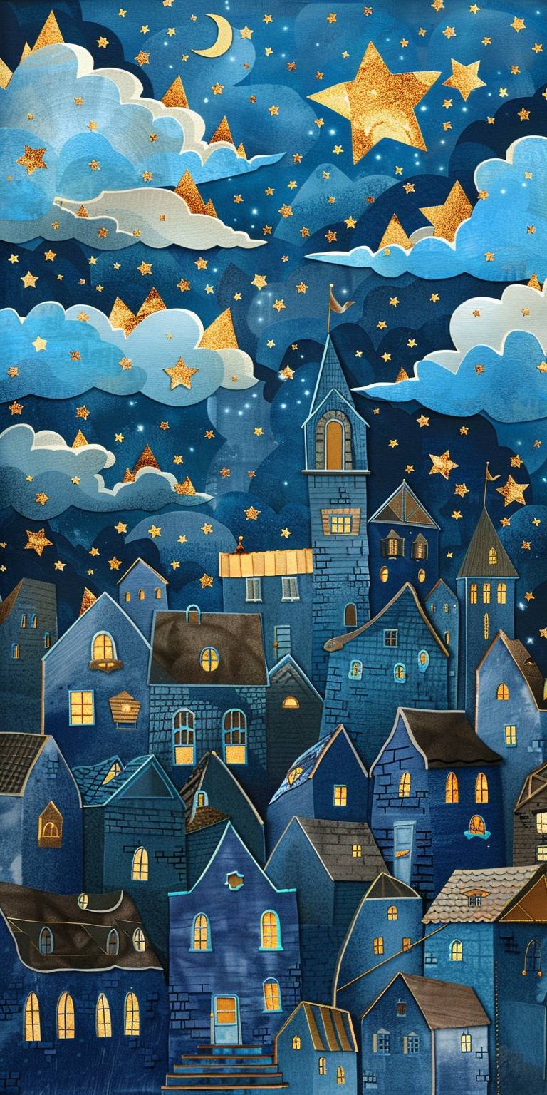 A whimsical cityscape at night, with houses and clouds painted in shades of blue and gold, stars twinkling above like tiny golden gems scattered across the sky. The artwork is made using paper cutouts and collage techniques, creating an enchanting atmosphere that feels both dreamy and magical.