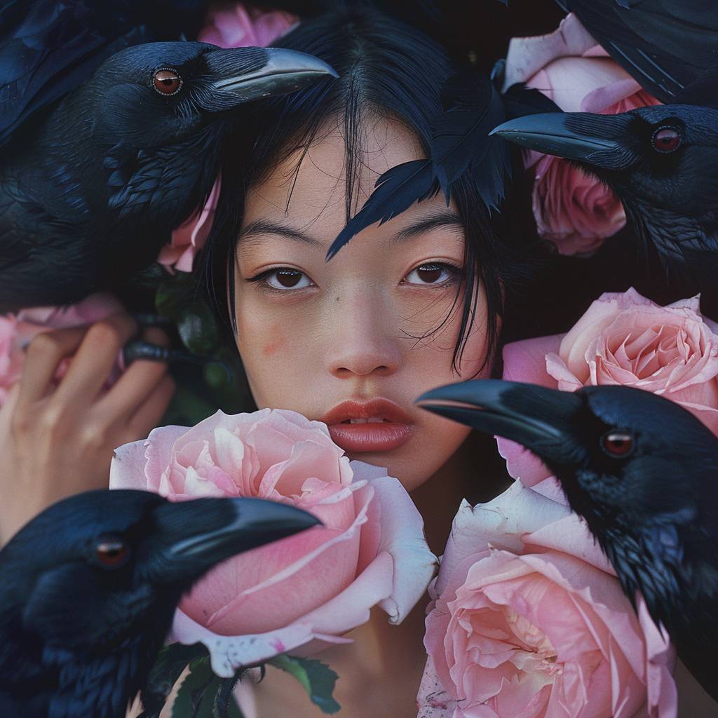An incredibly detailed close up macro beauty photo of an Asian model, hands holding a bouquet of pink roses, surrounded by scary crows from hell. Shot on a Hasselblad medium format camera with a 100mm lens. Unmistakable to a photograph. Cinematic lighting. Photographed by Tim Walker, trending on 500px -ar 4:5 –s 750 –niji 6 --v 6.0
