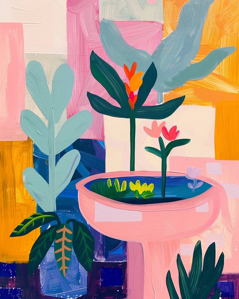 Matisse inspired painting, plants and flowers growing from a round pedestal bathroom sink, leaves, plants, pink preppy colors