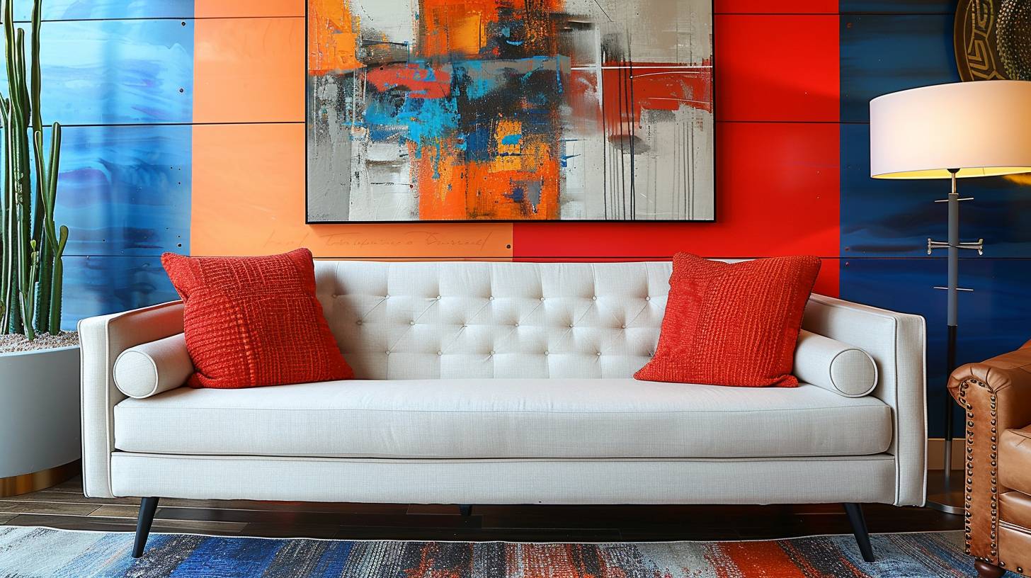 Interior photo of a sofa, painting on the wall behind, color blocking