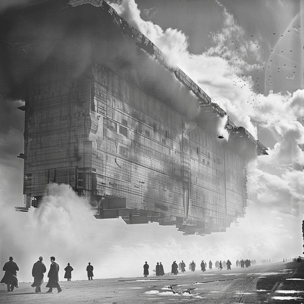 Margaret Bourke-White's photograph of enormous Doomsday megastructure floating in clouds. Colossal scale. Central composition