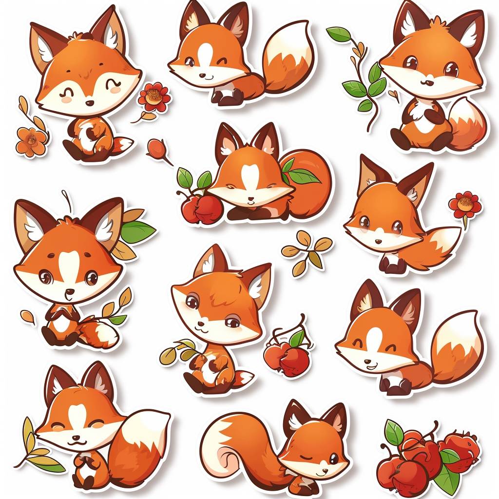 A set of red fox emoticons, flower-shaped tails, holding acorns and berries in various poses with cute expressions. Cute chibi style with a simple white background design. Sticker set, sticker sheet template