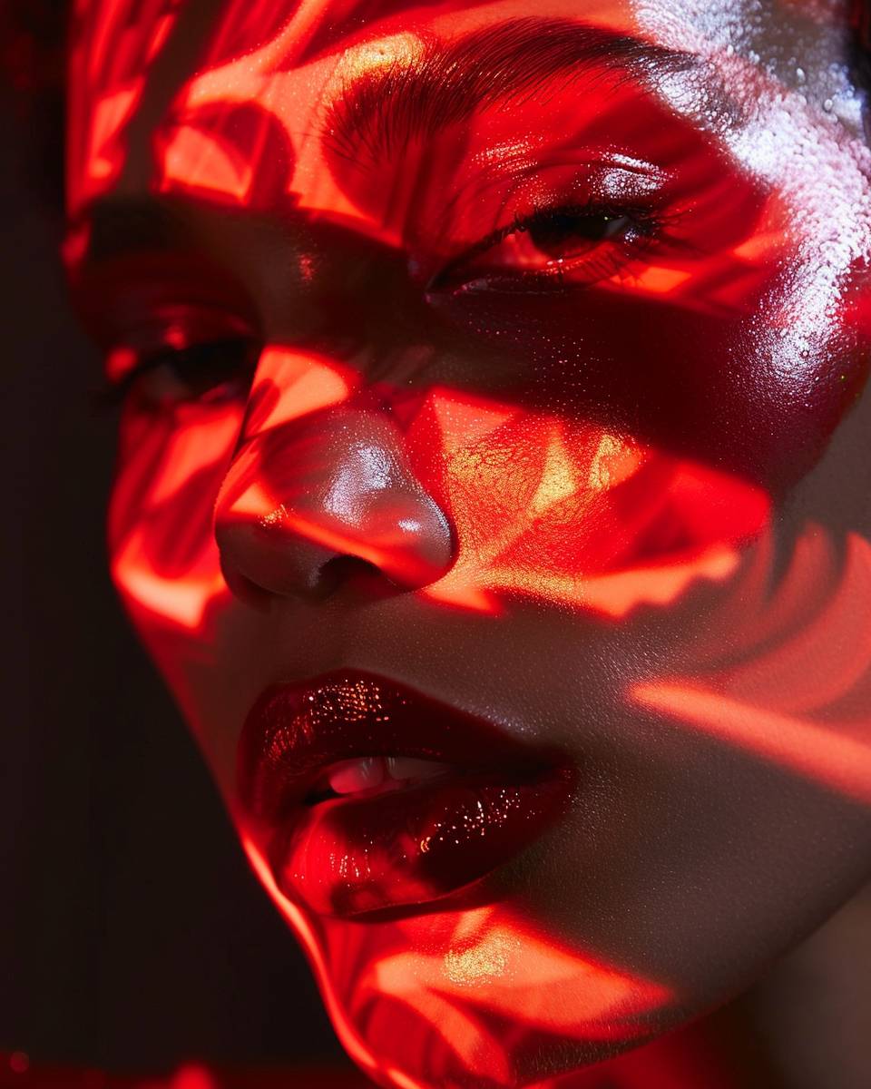 A close-up of a model's face with dramatic, high-contrast lighting creating striking shadows. The lighting features red tones that cast abstract patterns across the model's face. The makeup is bold with glossy red lips and shimmering eyeshadow. The overall effect is intense and high-fashion.