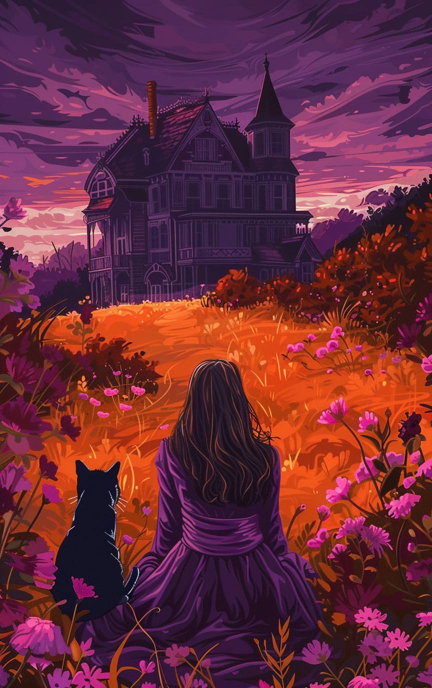 In a purple dress sitting in a dark orange field with a black cat and pink flowers in front of a dark Victorian house. Deep purple sky. in the style of Adams Carvalho. Color palette of a sunset. Solid block colors. Balanced composition. No moon. Chaos level 8. Aspect ratio 5:8. Version 6.0.