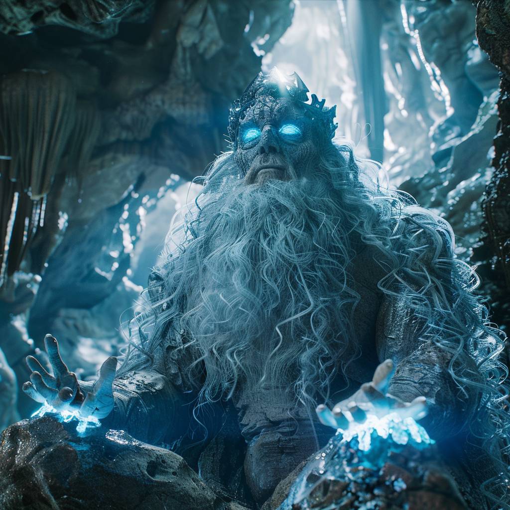 An award-winning heroic shot capturing the mountain king in a stunningly detailed showcase cave, where the epic mountain king is depicted meditating about life. He has a long curly beard and glowing blue eyes, and the cave resembles a big dome with fantastic stalagmites and stalactites. The lighting creates a cinematic and moody atmosphere, capturing the hero in a photorealistic fantasy style, resembling a still from an Oscar-winning fantasy movie. The photo showcases a detailed crown made out of rock, shot on an Arri Alexa XF with a 50mm Zeiss Supreme Prime lens, featuring clear and sharp focus with a shallow depth of field. It embodies elements of fantasy and stonecore, beautifully color graded with dynamic composition, aspect ratio 16:9, speed 500, version 6.0.