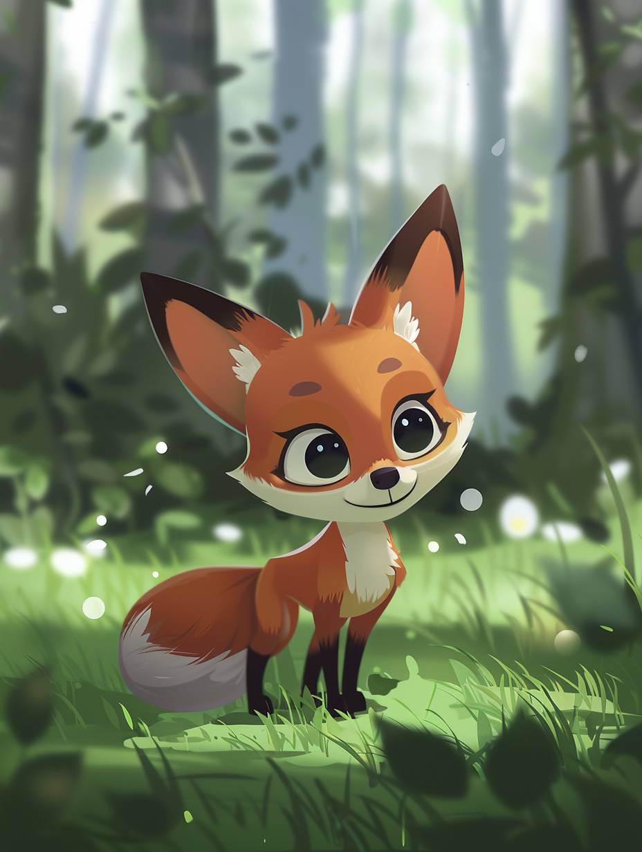 The illustration shows a dense forest background, with the little fox Xiao Leng standing on the grass with a firm look in his eyes and his tail gently swinging.