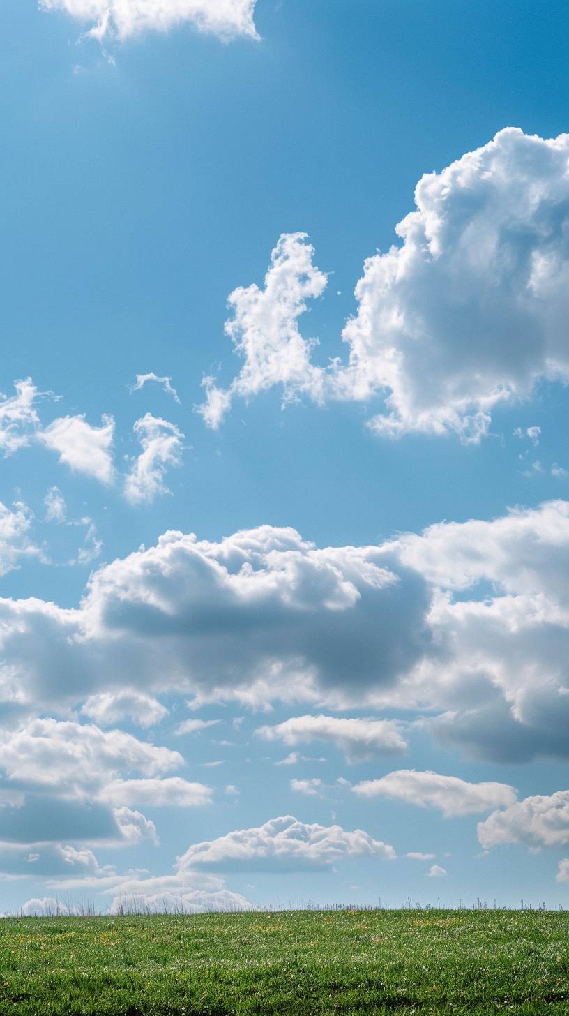 ドイツ、ノルトライン＝ヴェストファーレン州、ミュンスターラントの野原にある白い雲の写真、トロンプ・ルイユのリアリズム、ハイディテール。ハッセルブラッド、35mm f1.8で撮影。