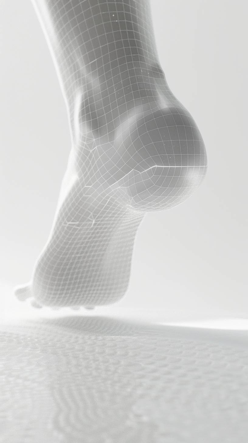 A 3D render of a child's foot, visible mesh model, slightly visible from underneath, on a white background. Under the foot, an orthopedic insole. Realistic lighting, hd quality, white mesh, vivid style