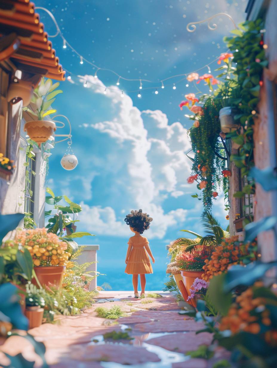 Sky background, a cute little girl, architecture, plants, 3D art, C4D, octane rendering, 3D rendering, light traction, clay materials, Pixar style, POPMART blind box, animated lighting, depth of field, super details, soft colors, clean background, fine gloss, soft focus, best quality, 8k