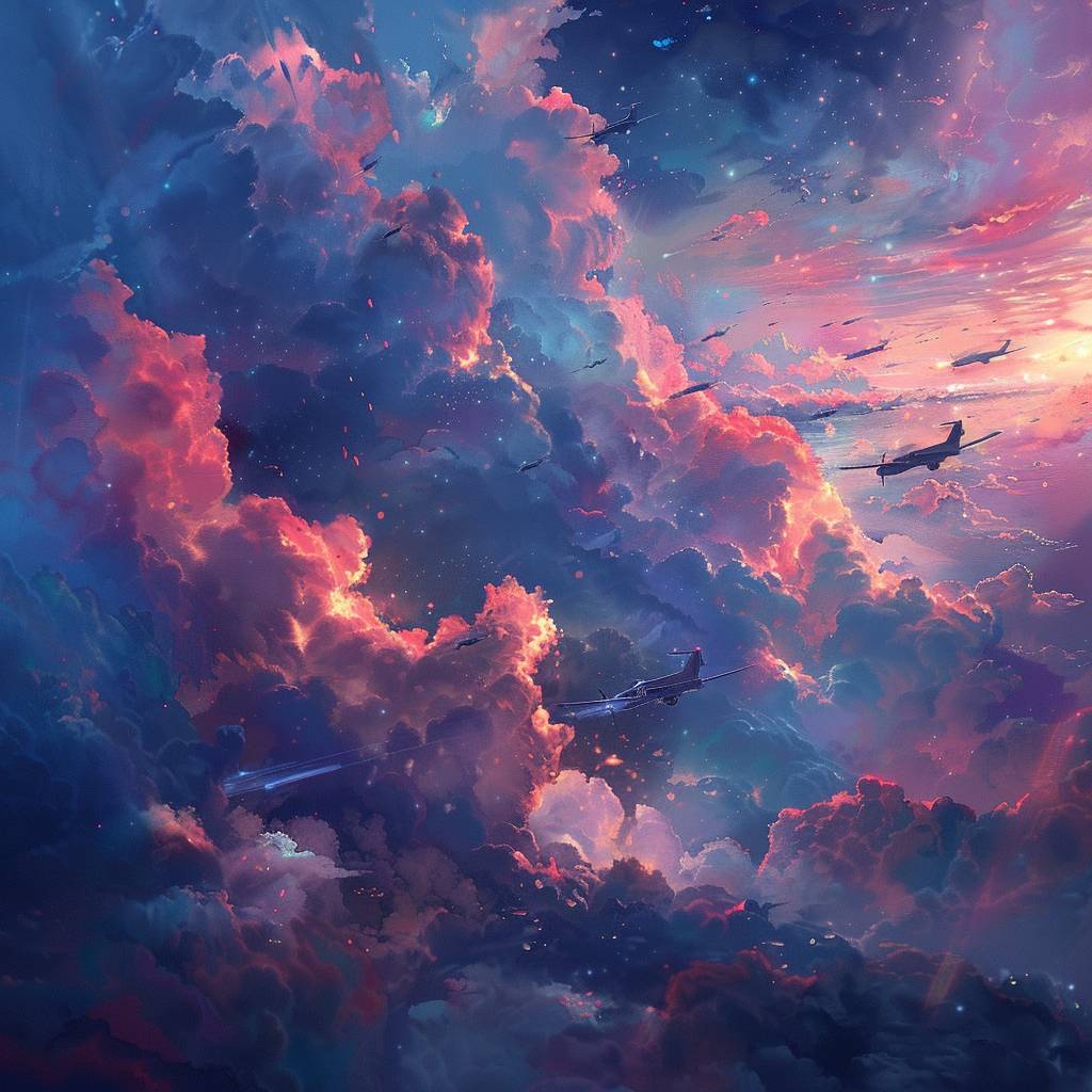 複数の飛行機が飛行する詳細なファンタジーアートスタイルの雲、ナイトコアに、静かな瞬間が描かれた輝く集団、信じられないほど美しいとは思えない、詳細なキャラクターデザイン、濃いシアン色と淡いクリムゾン