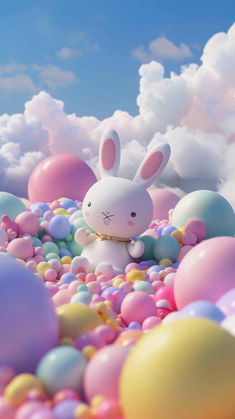 Rainbow clouds 3D render, OC render, cartoon, cute, pastel tones, colorful colors, Miffy bunny lying on rainbow clouds