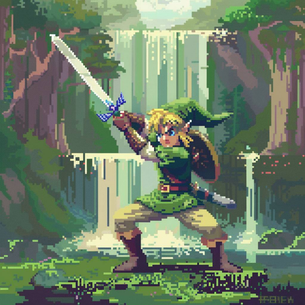 Link from The Legend of Zelda is depicted in pixel art style. He is shown doing martial arts with his sword raised above him in a ready to attack stance. The background is an enchanted forest with waterfalls. It has a green color palette, 8-bit video game graphics and a retro gaming aesthetic.