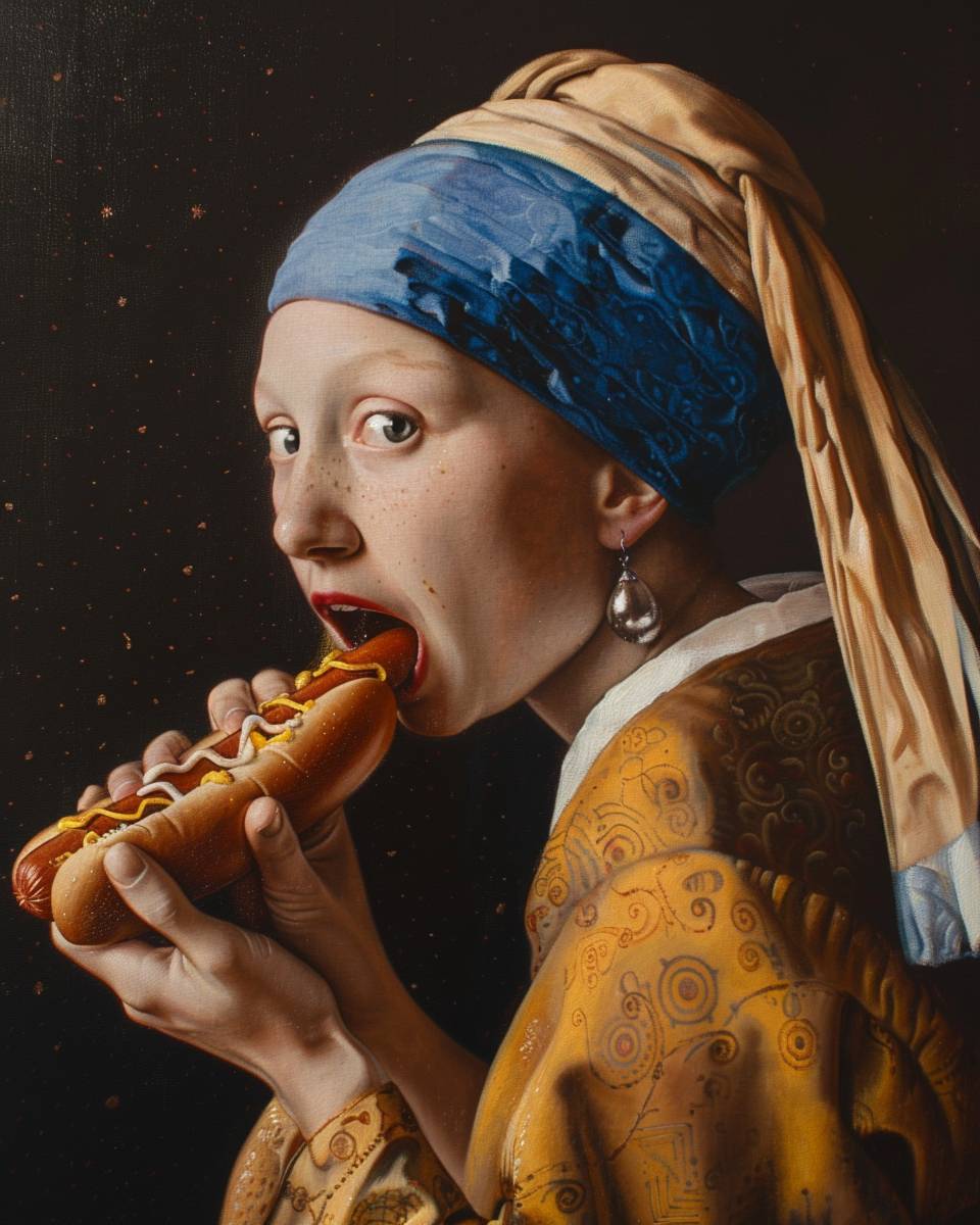 Recreate the iconic painting ‘Girl with a Pearl Earring’ by Vermeer (maintaining the same interior background as seen in the original artwork) featuring the subject taking a huge bite out of a hot dog she is holding with both hands.