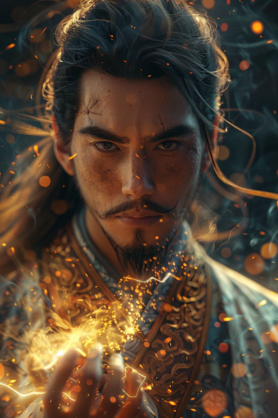 Realistic portrait of a male Chinese cultivator, with brown hair and a tidy beard. Casting a lighting spell, that’s crackling on the palm of his hand. Extremely detailed, hyperrealistic, intricate, digital art, showcased on ArtStation and DeviantArt, high contrast, dynamic lighting, cinematic lighting, Octane render, 8K, HD, Unreal Engine.