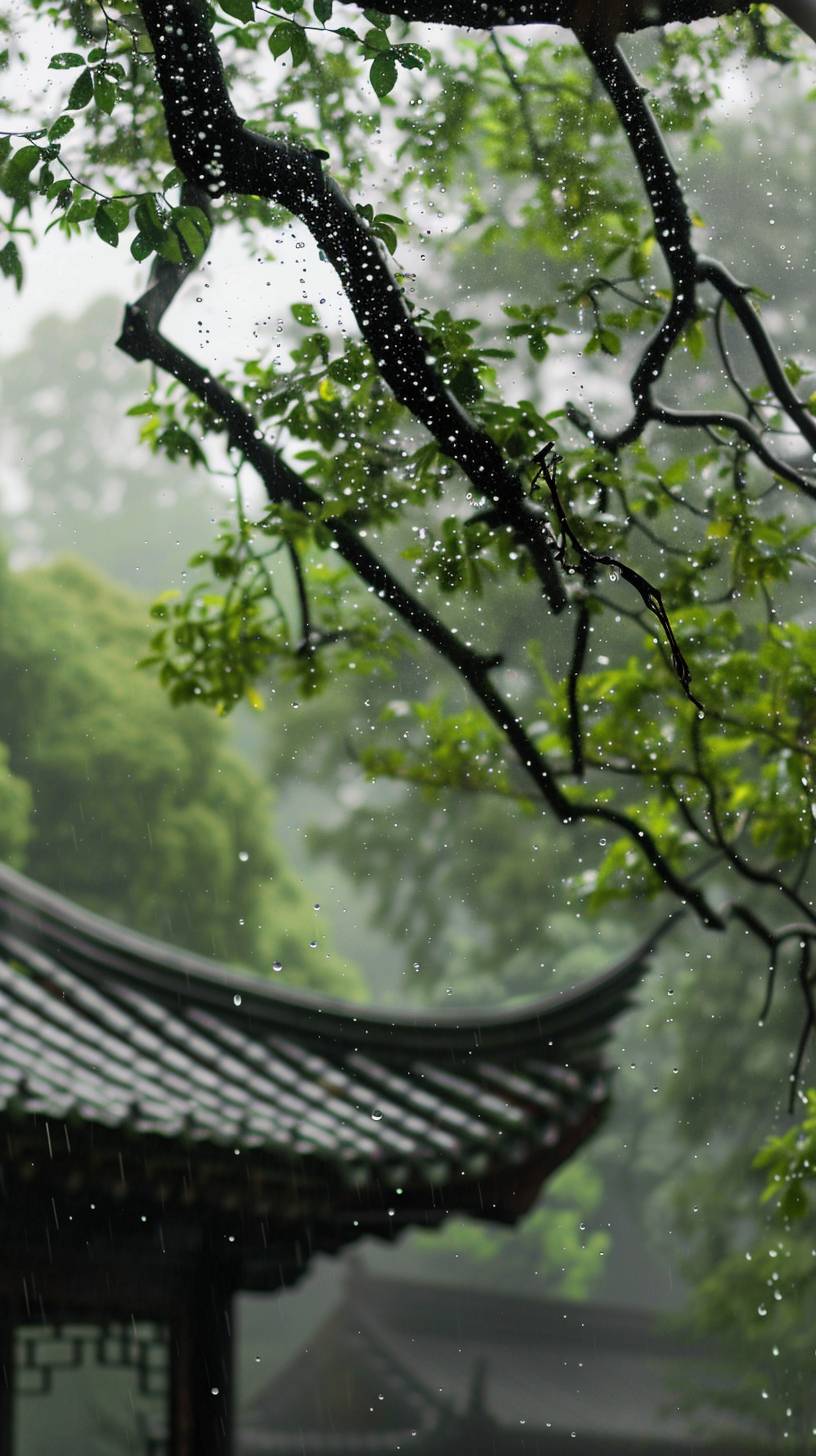 中国の伝統的な祭りである清明節、屋根の上で雨が降り、木々が青々と茂っています。