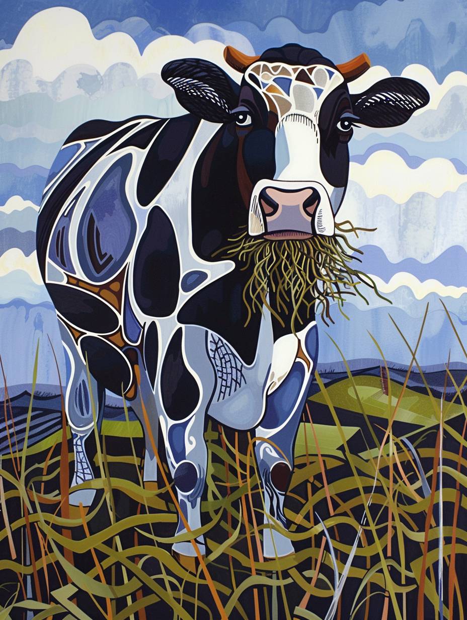 A cheerful cow standing in a lush green pasture, munching on a bundle of hay. The scene is set against a bright blue sky with fluffy white clouds. The cow has a jovial expression, with a wide grin and bright, expressive eyes. The style is reminiscent of Al Capp's iconic cartoons, with exaggerated features and lively energy. The colors are vivid and vibrant, adding a whimsical touch to the scene.