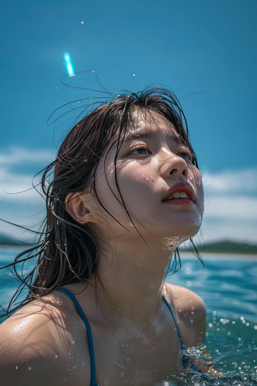 この画像は、着衣の若い美しい韓国の女性が水中で楽しんでいるようであり、青空や水面への太陽の反射から、晴れた日中である可能性があります。人の髪は濡れており、きちんと後ろに梳かれているため、泳いでいたり水上活動に従事していた可能性があります。視聴者の視点は低い角度からであり、人物やその先の空を見上げています。