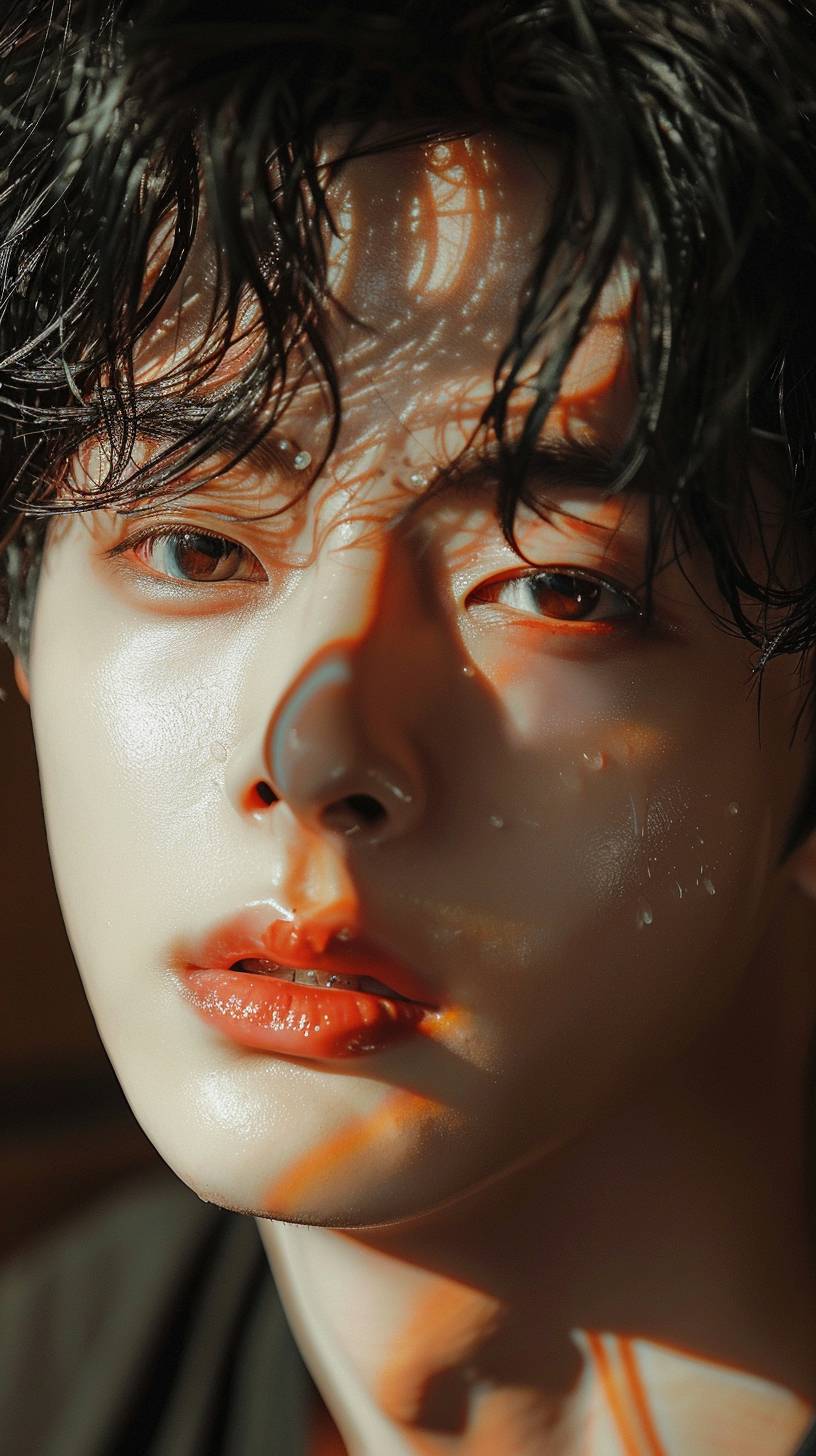 Realistic photo, Close-Up Shot, Korean actor Cha Eunwoo, 28 years old, Homme Fatale, male model, looking in the direction of the camera, in the style of gongbi, dreamy and romantic, exaggerated facial features, light black and light amber, aurorapunk.