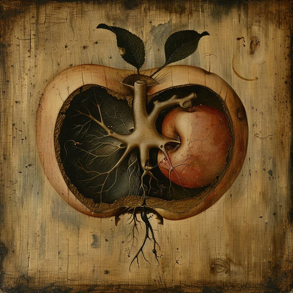 Hieronymus Bosch's painting depicting the insides of an apple with an anatomical half-human heart