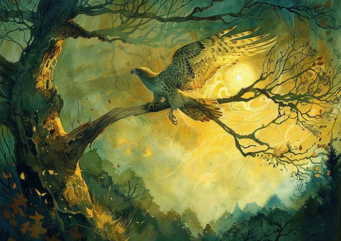 アポカリプスコアの風景、鷹が枯れ木から飛び立っており、翼が太陽光に煌めいている。強いビジュアルフロー