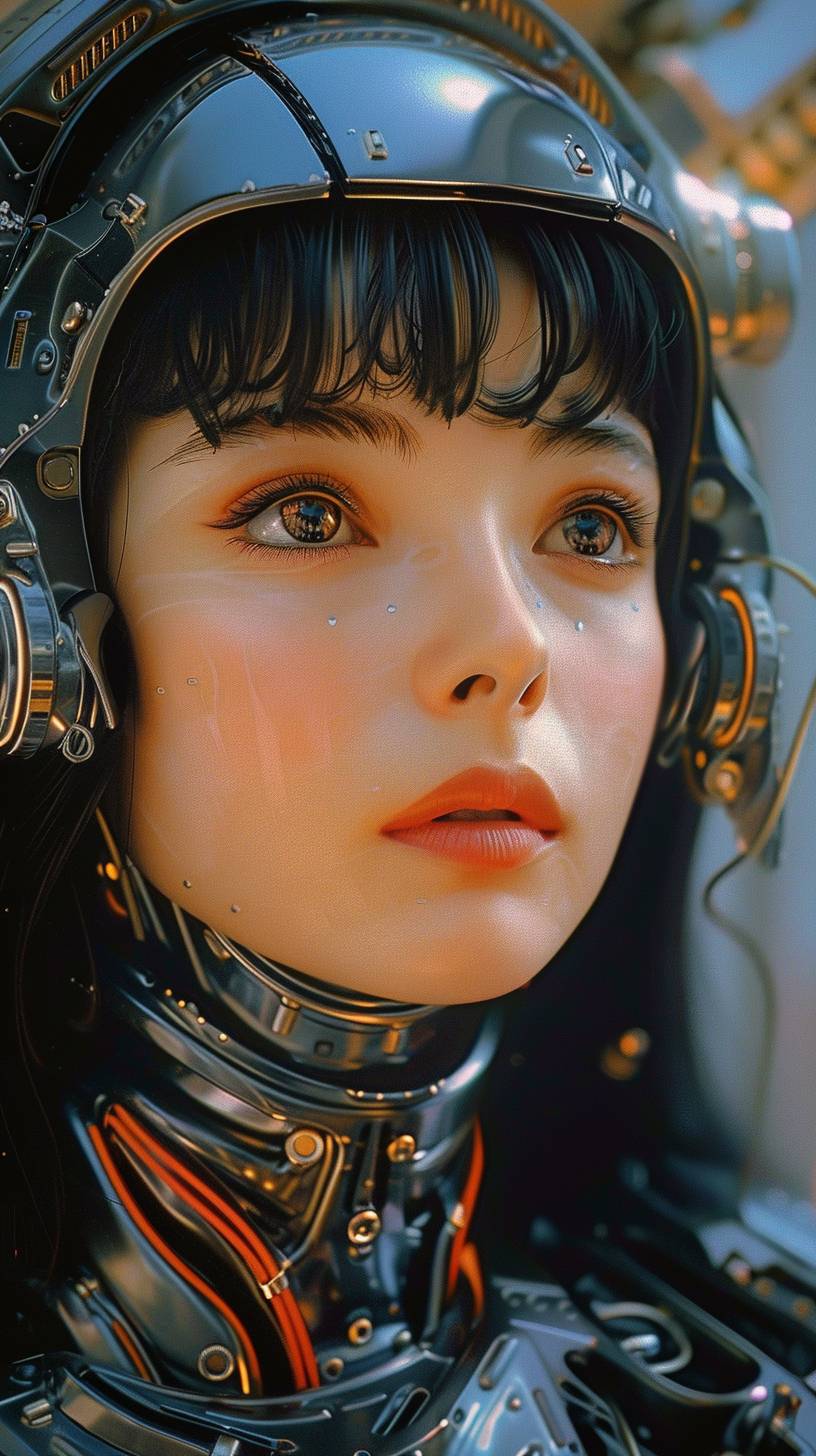 Beautiful woman in a futuristic plastic case suit, by Masamune Shirow, Gil Elvgren, and Hajime Sorayama, in a cyberpunk setting, a still from an 80s anime, closeup shot, vintage TV screen grab, hyper detailed, hyper realistic