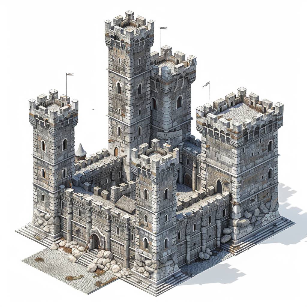 Isometric view of a medieval castle with towers and drawbridge in the style of game art. Game asset design with a grey color palette. Low poly render, high resolution and high detail. 3D blender rendering, high contrast, sharpness and is hyper-realistic, white background --v 6.0.