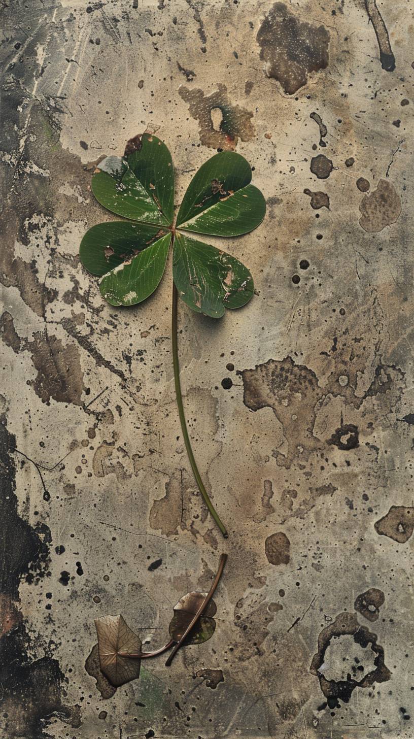 A vintage National Geographic photo of a four leaf clover being stepped on, distressed, torn and battered, washed up, in a wet rainy atmosphere, up close, detailed.