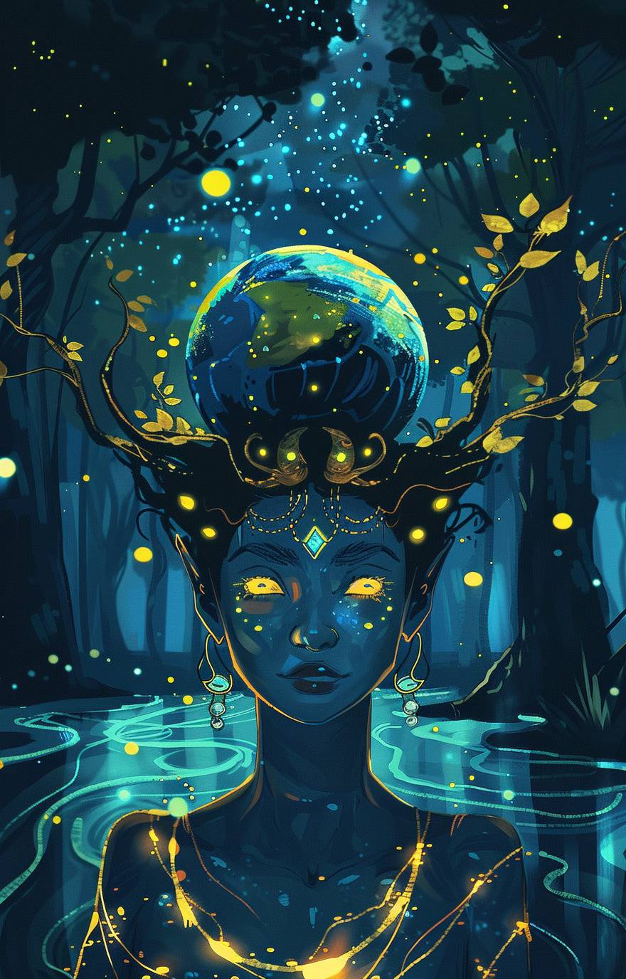 A beautiful blue woman with an elegant, slender figure and glowing eyes stands in front of the Earth. She has many metallic vines growing from behind her ears to form two metal horns that stand upright above each ear. The background is a dark night sky with trees and stars. Her chest skin glows a golden yellow like fire under sunlight. Water flows around her, creating ripples. She wears ancient silver jewelry and carries futuristic LED lights in a cinematic style.