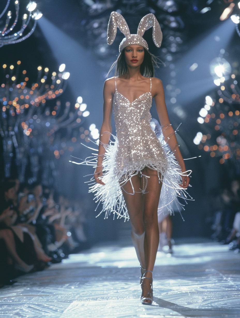 90's fashion bunny runway show easter season, by Iris Van Herpen bridal gown couture fashion luxury, glitter white, bunny modells with bunny ears dresses made of glitter and fine materials, glittering, inspired by a sci-fi movie, Iris van Herpen, full body, film camera, wide angle, 14mm.