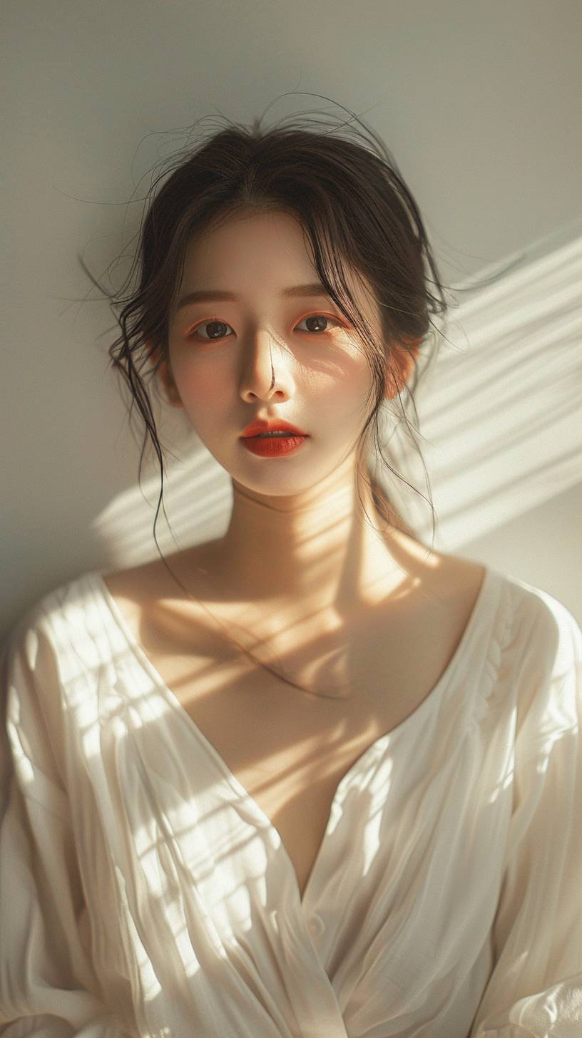 A 20-year-old Chinese girl with a lively and lovely face, long black eyes, deep wisdom shining through her eyes, wearing simple white clothes, about 1.6 meters tall, slim figure, natural beauty, real portrait photography.