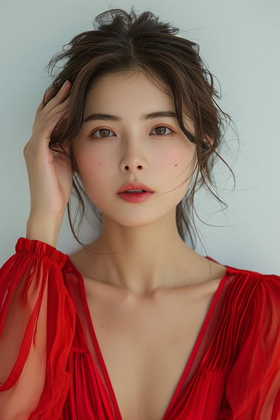 Beautiful Chinese female model, photo with hand on face against a solid white background, wearing a red dress with delicate skin texture. It is a closeup portrait studio shot with soft lighting and natural makeup. The photography is high definition with clear and sharp focus on the subject, soft shadows and no strong contrast between light and dark areas, showing super detailed features.