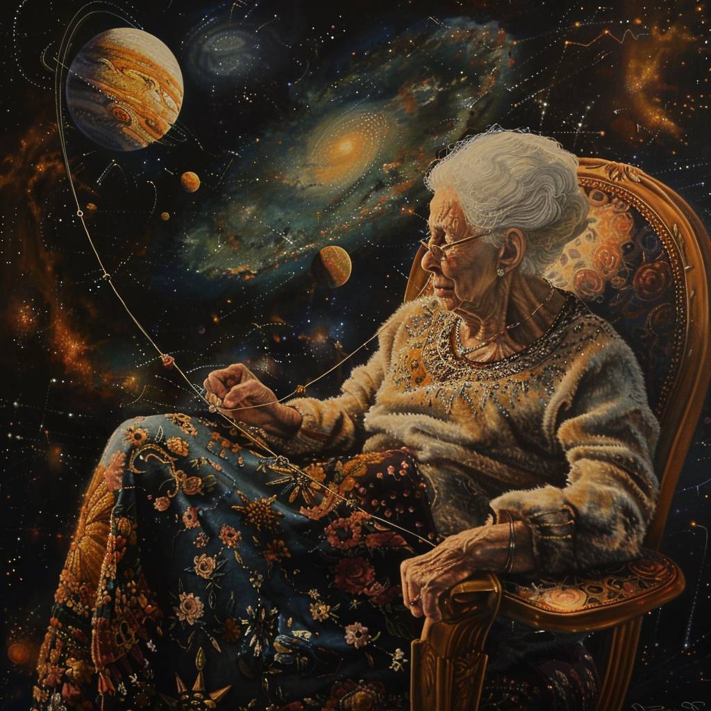 A grandmotherly Fate sits on a cozy cosmic throne knitting with mirrored threads of time, the solar system spins like clockwork behind her as she knits the futures of people together like an endless collage of destiny, maximilism, cinematic quality, sharp focus, intricate details.