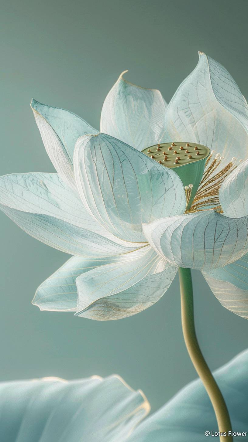 This artwork features a fully bloomed 'Lotus Flower' in close-up. Inspired by the style of Liu Ye, it carries realistic, artistic strokes with organic forms and clear lines. The piece incorporates pale green and gold threads against a soft, pale green background, blending elements from James Turrell, Nick Veasey, and Rene Lalique. It portrays a clear texture and detailed perspective, brimming with vibrant beauty. The interplay of light and shadow creates artistic tension, embodying a modern, minimal, and contemporary art style