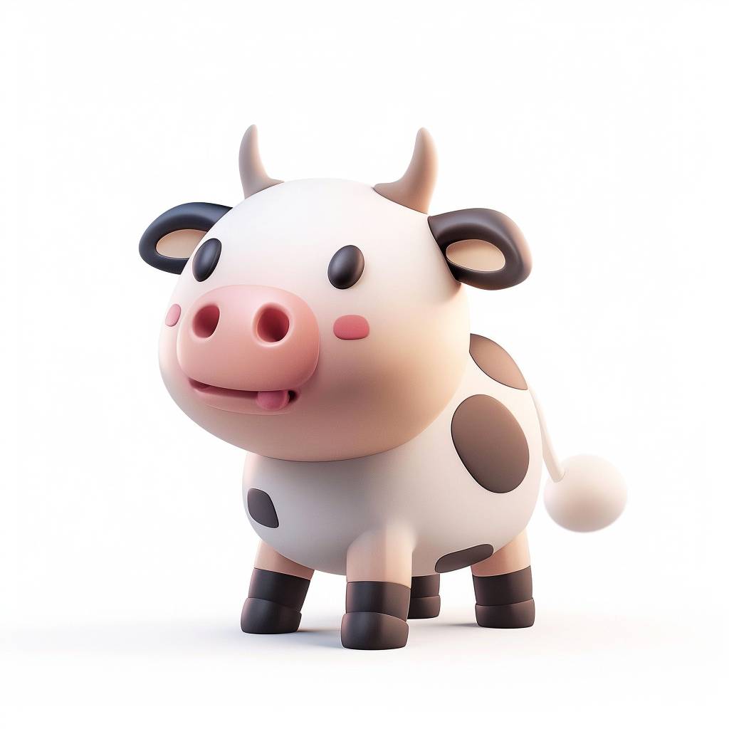 Cute, fluffy, cow's belly, exaggerated movements, 3D figures, white background, a little fluffy, elongated shapes, cartoon style, minimalist